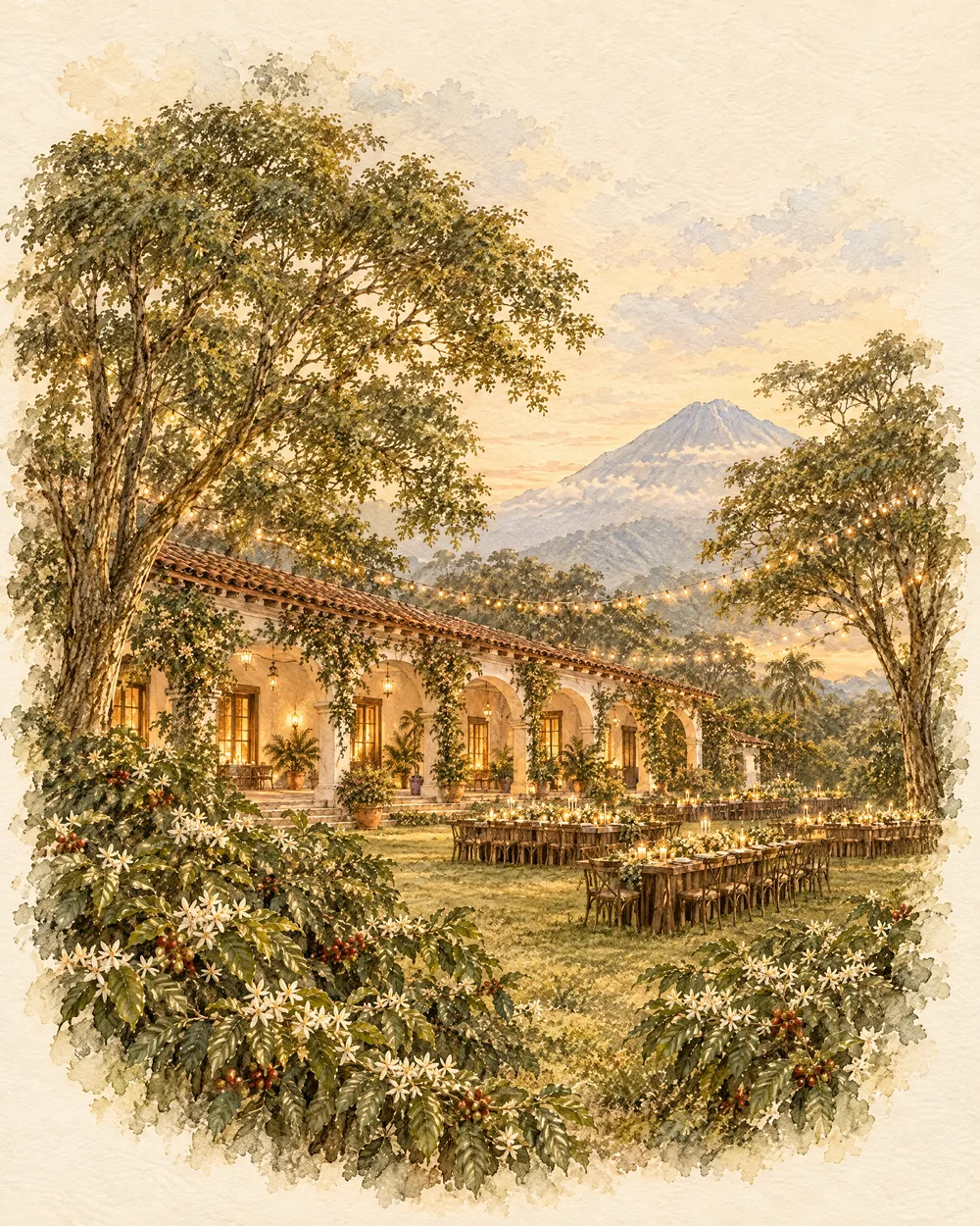 Ilustración de la finca al atardecer con luces entre los árboles