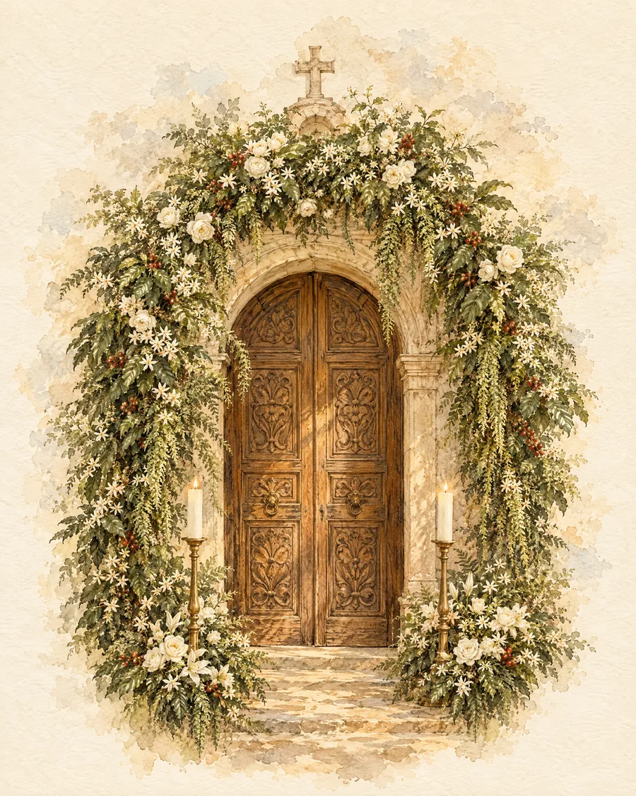 Ilustración de la puerta del templo adornada con flores