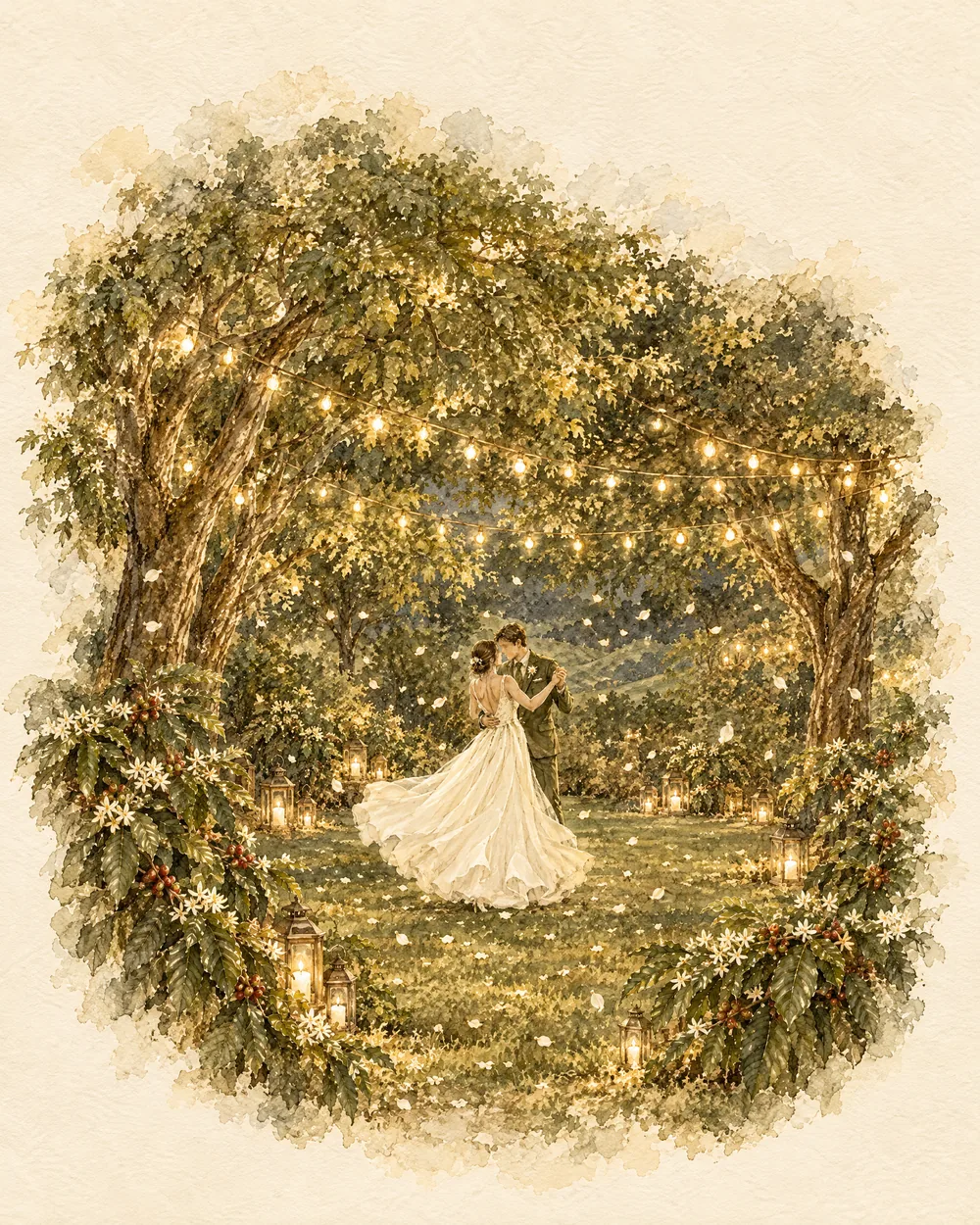 Ilustración de los novios bailando su vals bajo las luces